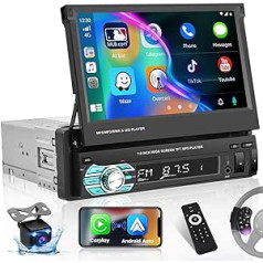 Hikity 1 DIN Apple Carplay automašīnas radio ar ievelkamu ekrānu Android automašīnas radio ar 7 collu skārienekrāna radio ar Bluetooth brīvroku komplektu FM USB/AUX + atpakaļgaitas kameru