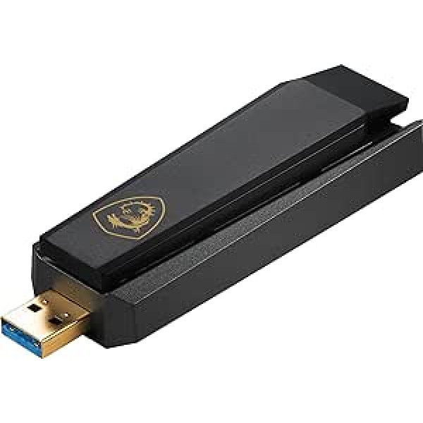 MSI AXE5400 WiFi 6E trijuostis USB adapteris – greitas WLAN iki 5400 Mbps (6 GHz, 5 GHz, 2,4 GHz belaidis), MU-MIMO, reguliuojama antena, spindulio formavimas, WPA3 – su stovu