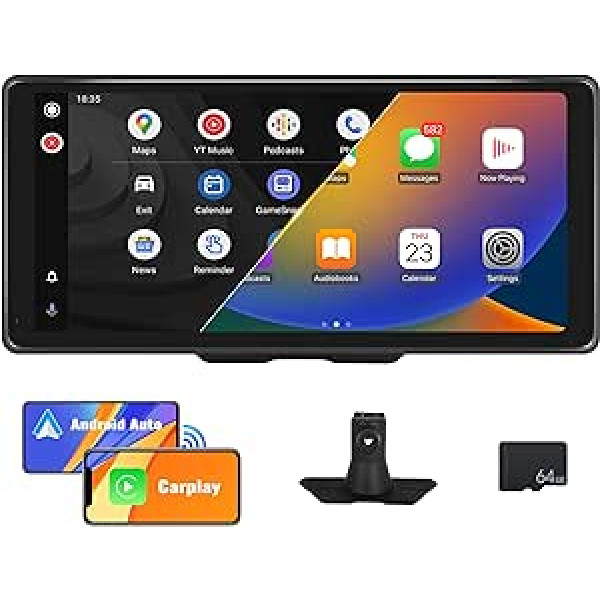 CAMECHO bezvadu Apple CarPlay un Android automašīna, 10,36 collu portatīvais automašīnas radio, bezvadu Carplay ar HD IPS skārienekrānu, Bluetooth brīvroku funkcija, Siri/FM/Google/Apple Airplay/AUX + 64G karte