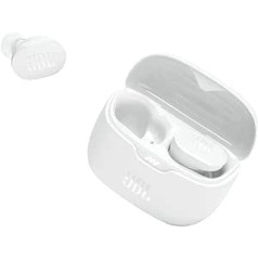 JBL Tune Buds — ūdensizturīgas patiesas bezvadu ausīs ievietojamas austiņas ar trokšņu slāpēšanu baltā krāsā — līdz 48 stundām mūzikas atskaņošanas