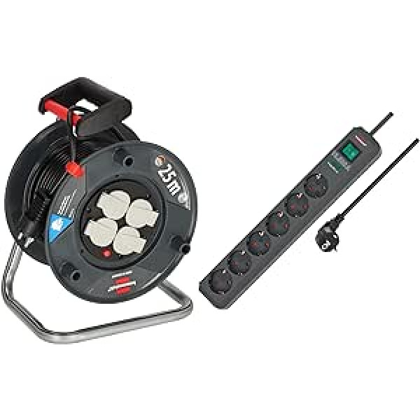 Brennenstuhl Garant V2 Cable Reel (25 m Cable in Black) & Eco-Line 6-Way Power Strip with Surge Protection (Plug Strip with Increased Touch Protection, Switch and 1.5 m Cable) Anthracite