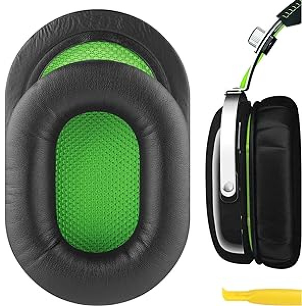 Geekria QuickFit aizstājējproteīna ādas ausu spilventiņi, kas paredzēti Razer BlackShark stereo spēļu austiņām, ausu spilventiņu remonta daļas (melnas/zaļas)