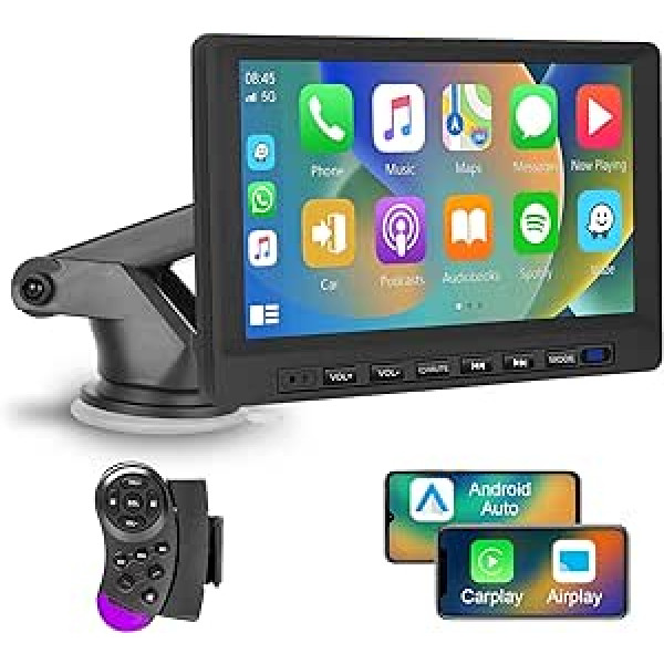 Podofo Wireless Carplay automašīnas radio Android automašīna, 7 collu HD skārienekrāns, pārnēsājams Carplay ekrāns ar Bluetooth, spoguļa saite, SWC, USB/TF ports, piesūcekņa statīvs/cigarešu šķiltavas transportlīdzekļiem