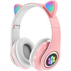 Ariycaz Kids Bluetooth austiņas, Cat Ear Bluetooth austiņas ar LED gaismu, SD kartes slots, FM radio, 3,5 mm ligzda, bezvadu/vadu, salokāmas, mobilajam tālrunim/planšetdatoram/datoram (rozā krāsā)