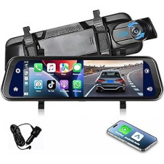 Podofo 9.66 Inch Mirror Dash Cam with Wireless Apple Carplay, Android Car with HD Rear View Camera, IPS Touchscreen Dual 1080P Rear View Mirror Dash Cam Car, 2 Split Screens, Bluetooth