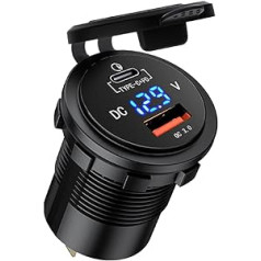 GemCoo Auto USB Ladegerät KFZ QC3.0 USB standarta deva un tips C PD auto, 12 V/24 V QC 3.0 Dual USB Schnellladung ar LED-Voltmeter Anzeige für Motorrad, Auto Marine Motorrad RV Caravan (oranža)