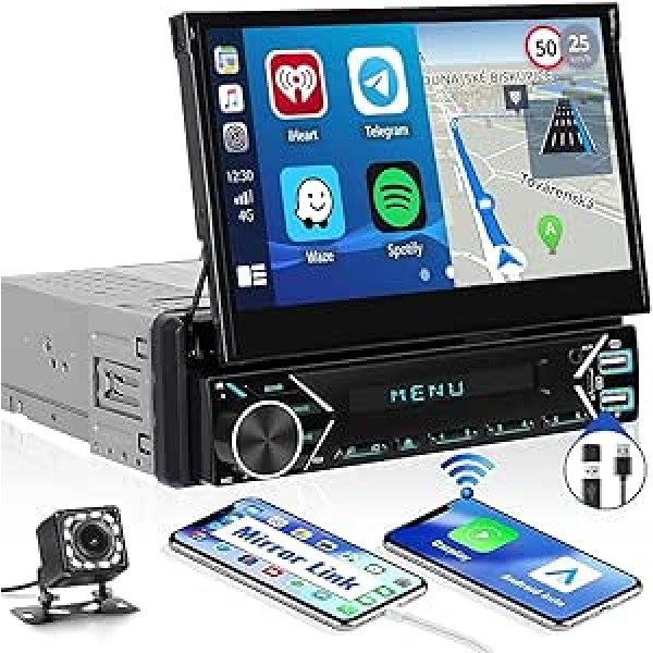 CAMECHO 1 DIN Carplay bezvadu Android automašīna, 7 collu automātiskā ekrāna automašīnas radio ar Bluetooth brīvroku komplektu Spoguļsaite FM USB/SD/AUX in + atpakaļgaitas kamera