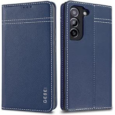 Genuine Leather Case for Samsung Galaxy S22 5G - Premium Genuine Leather Case with Stand Function Card Slot Magnetic Closure Flip Case Leather Mobile Phone Case Protective Flip Case - Blue