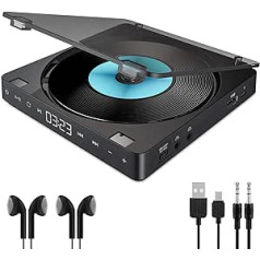 Gueray CD Player Portable with Double Headphone Ports and Headphones Discman with Integrated 1200 mAh Battery Lithium Battery Supports Touch Button and Memory Function 3.5 to 3.5 mm AUX Cable