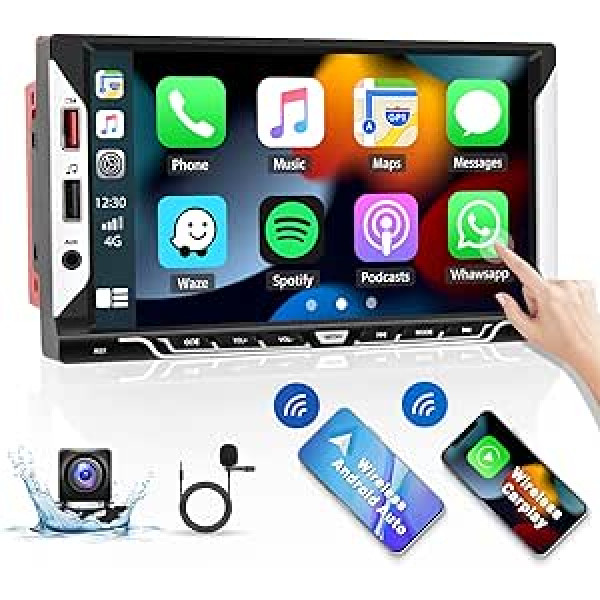 Hikity 7 collu automašīnas radio 2 DIN ar bezvadu Apple Carplay vadu Android automašīnas/spoguļa saites automašīnas radio Bluetooth atbalsts EQ USB AUX SWC FM skārienekrāna automašīnas radio + mikrofons + atpakaļgaitas kamera