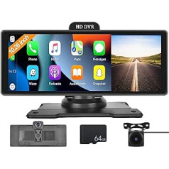 CAMECHO bezvadu Apple Carplay automašīnai ar Dash Cam, 10,26 collu pārnēsājamu IPS ekrāna multivides atskaņotāju ar priekšējo kameru/Bluetooth/FM/Rezerves kameru/Cilpas ierakstīšanu/ADAS/Mirror Link/AUX + 64G karti