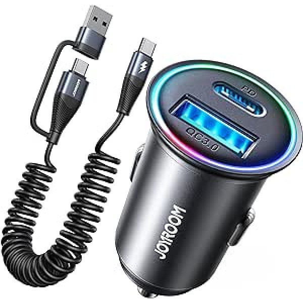 JOYROOM PD&QC 3.0 cigarešu šķiltavas USB C adapteris 60 W mini metāla automašīnas lādētājs ar 1,5 m USB/C–C uzlādes kabeļa automobiļa USB LED apgaismojumu iPhone 15 14 13 12 Pro Max, Samsung, iPad