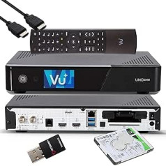 VU+ UNO 4K SE — UHD HDR 1x DVB-S2 FBC Sat Twin Tuner E2 Linux uztvērējs, YouTube, satelīta cietā diska uztvērējs, CI + karšu lasītājs, multivides atskaņotājs, USB 3.0, EasyMouse HDMI kabelis, 2TB HDD, 300 Mbit WiFi