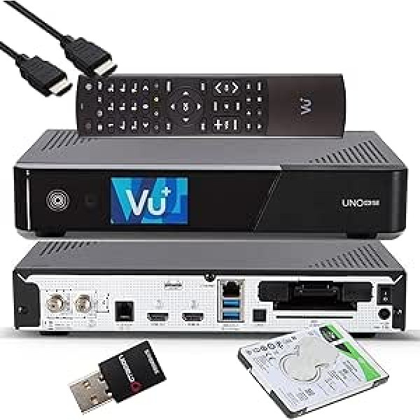 VU+ UNO 4K SE — UHD HDR 1x DVB-S2 FBC Sat Twin Tuner E2 Linux uztvērējs, YouTube, satelīta cietā diska uztvērējs, CI + karšu lasītājs, multivides atskaņotājs, USB 3.0, EasyMouse HDMI kabelis, 2TB HDD, 300 Mbit WiFi