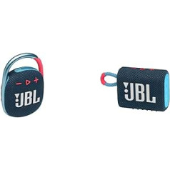 JBL Clip 4 Bluetooth skaļrunis zilā/rozā krāsā — ūdensnecaurlaidīgs pārnēsājams mūzikas kastīte ar karabīni un GO 3 maza Bluetooth kārba zilā un rozā krāsā — ūdensizturīgs pārnēsājams skaļrunis ceļojumiem