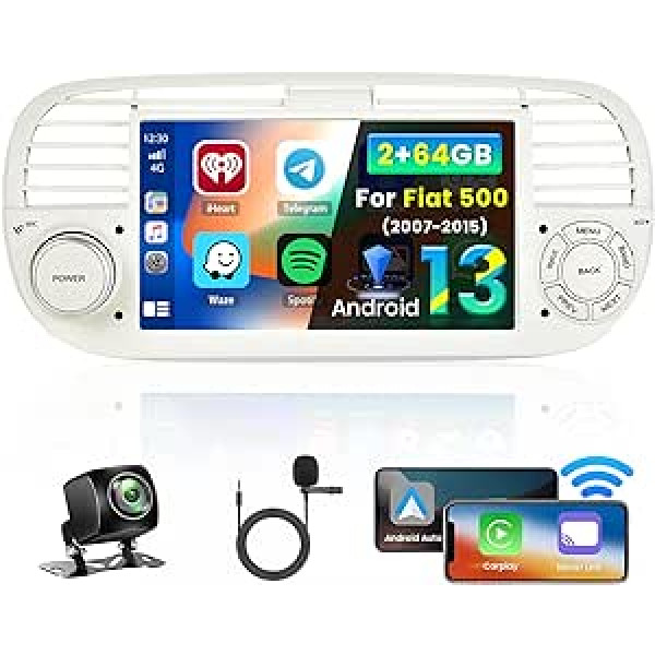 Inefala 2+64GB Android Carplay Autoradio für FIAT 500 2007-2015, 7 Zoll Touchscreen Radio ar CarPlay Android Auto, Bluetooth, Mirror Link, WiFi, GPS, RDS FM, AHD Rückfahrkamera (Weiß)