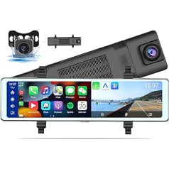 11,26 colių nešiojama „Bluetooth Mirror Dash“ kamera su „Carplay“ / „Android“ automobilio stereo atbulinės eigos monitoriaus rinkiniu, transporto priemonės atsarginė kamera, 2 padalintas ekranas / DVR kilpos įrašymas / balso valdymas DC