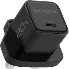 Magix USB-C lādētājs 20 W Nano, USB-C GaN PD strāvas padeve iPhone 14/14 Pro/14 Pro Max/13 Pro/13 Pro Max, Galaxy, iPad (Apvienotās Karalistes spraudnis) (melns)