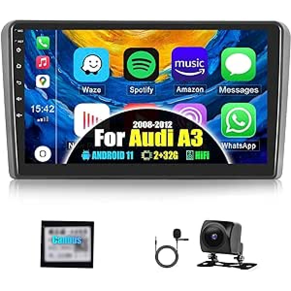 2G + 32G CAMECHO Android 11 automašīnas radio priekš Audi A3 S3 RS3 8P 8V 2008-2012 ar Carplay bezvadu Android automašīnu, 9 collu ekrāna dubultā DIN automašīnas radio ar navigācijas sistēmu HiFi RDS Bluetooth + atpakaļgaitas kameru