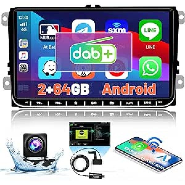 2GB + 64GB Android automašīnas radio DAB DAB+ priekš VW Passat Jetta Golf 5 6 Polo Tiguan ar bezvadu CarPlay un Android automašīnu, 9 collu ekrāna skārienjutīgs displejs radio un navigācija WiFi RDS Bluetooth atpakaļgaitas kamera