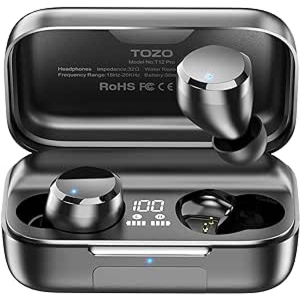 TOZO T12 Pro Bluetooth bezvadu austiņas, Qualcomm QCC3040 aptX stereo 4 mikrofoni, CVC 8.0 zvanu trokšņu slāpēšana, 170 stundu atskaņošanas laiks, IPX8 ūdensizturīgas ausīs ievietojamas austiņas, melnas