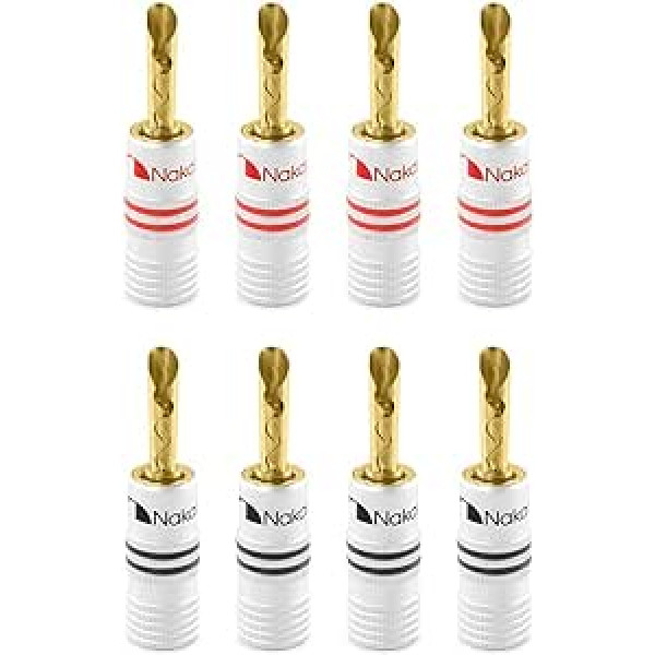 Nakamichi 24K Gold Plated Banana Plug 12AWG - 18AWG Gauge Size 4mm for Speaker Amplifier Hi-Fi AV Receiver Stereo Home Cinema Audio Cable Connector BFA Connector 8 Pieces (4 Pair)