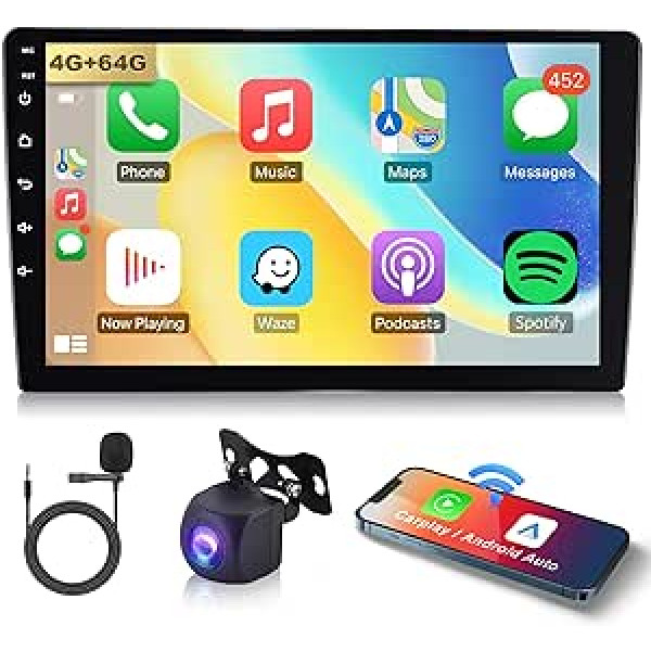 4G + 64G 8 Core Android 13 Car Radio 2 DIN ar Apple Carplay Android automašīnas GPS navigāciju WiFi 9 collu skārienekrāna automašīnas radio ar spoguļa saiti Bluetooth FM/RDS USB/DAB/OBD/DVR/EQ stūres vadību