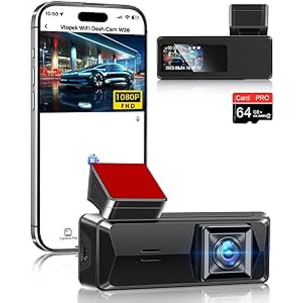 Vtopek Dashcam 1080P Dash Cam automašīnas priekšpuse ar 64 GB SD karti, 0,96 collu mini kameras kamera, WiFi automašīnas kamera ar Super Night Vision, 170° platleņķis, lietotņu vadība, parkošanās uzraudzība, G sensors, cilpas ierakstīšan