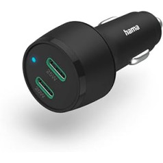 Hama automašīnas lādētājs, automašīnas ātrais lādētājs 45 vatu USB C barošanas padeve (2 portu cigarešu šķiltavas lādētāja spraudnis viedtālrunim, vairāku lādēšanas adapteris ar PD, atbalsta Qualcomm ātro uzlādi) Melns