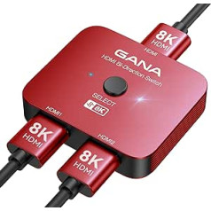 GANA 8K HDMI sadalītājs, HDMI 2.1 slēdzis Ultra HD 48Gbps alumīnija divvirzienu HDMI slēdzis 2 vienā izejā vai 1 in 2 izvadē HDMI pārslēdzējs, HDMI sadalītāja atbalsts televizoram/PS5/Xbox