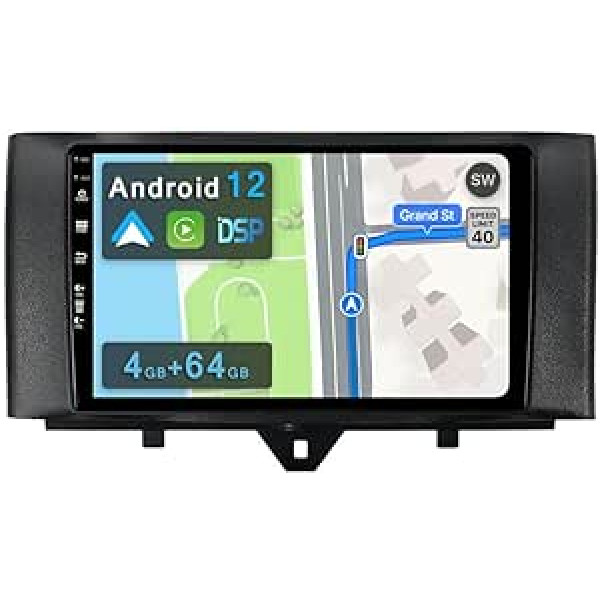 YUNTX [4 GB + 64 GB] Android 12 automašīnas radio ierīcei Mercedes Benz Smart Fortwo 2 (2011-2015) — [Integrēta CarPlay/Android Car/DSP/GPS] -9 collu IPS 2.5D kamera + MIC-DAB/Stūres vadība/Spogulis