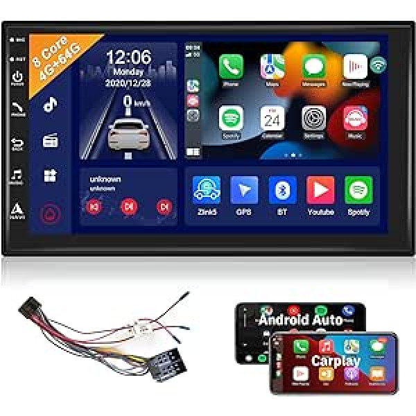 Podofo Android Car Radio 4G + 64G 8 kodoli, 2 DIN automašīnas radio Carplay/Android Car/4G/WiFi/GPS/Galileo Navi, 7 collu IPS skārienekrāns USB/Bluetooth 5.0/AM/FM/RDS automašīnas radio stereo + ISO kabelis