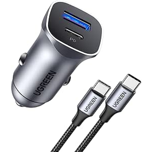 UGREEN PD&QC 3.0 Automašīnas lādētājs USB C 30 W Automašīnas lādētājs USB C PPS ar 1 m USB-C kabeli Saderīgs ar iPhone 15 Pro Max, 15, 14 Pro, 14 Pro Max, 13, 12, iPad Pro, Galaxy S22, S21, A53