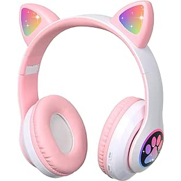 auvstar Bluetooth Cat Austiņas Kaķu Ausis Bērnu Austiņas ar LED Gaismām RGB Light Saliekamas Virs auss Austiņas Bērniem ar Mikrofonu Austiņas Bluetooth Austiņas Meitenēm (Rozā)