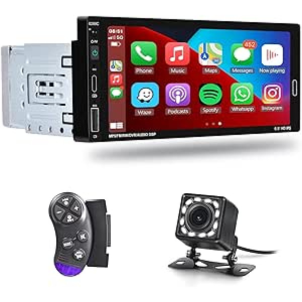 Podofo Car Radio 1DIN Carplay ar ekrānu 6,86 collu Bluetooth 5.0 USB Type-C Android Car Mirror Link iOS un Android ierīcēm Mikrofons/USB/Ekvalaizers/Stūres vadība 7 krāsu pogas ar atpakaļgaitu