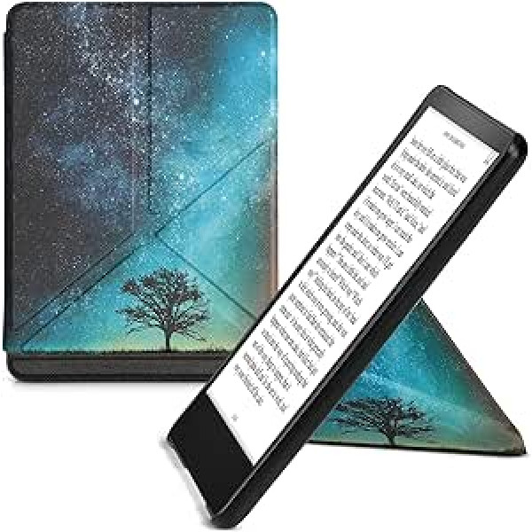 kwmobile aizsargvāciņš, kas saderīgs ar Amazon Kindle Paperwhite (11. paaudze — 2021. gads) - Mākslīgā āda - e-lasītāja vāka futrālis - Galaxy Tree Meadow zils pelēks melns