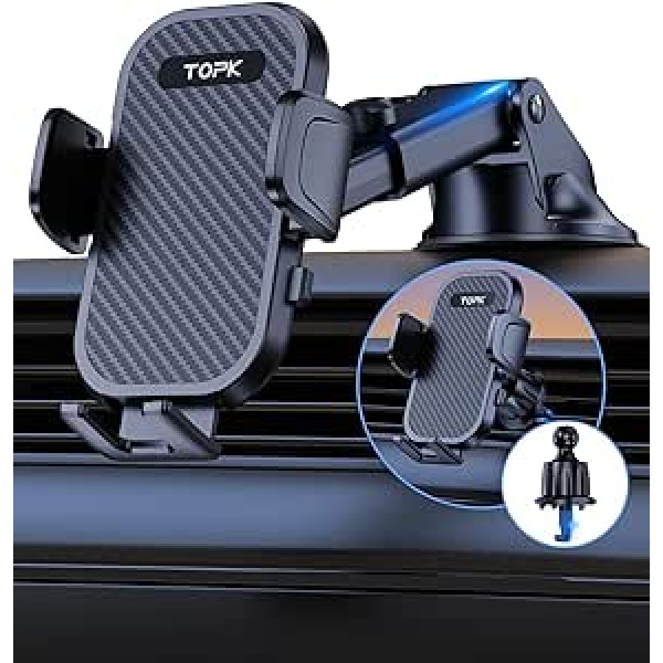 TOPK Car Phone Holder, Military Suction Cup and Hook Dashboard Windshield Air Vent 360° Rotatable One Button Release for All Phones