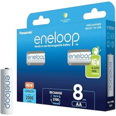 Panasonic eneloop AA/Mignon, 8 pakuotės, paruoštos naudoti NiMH baterijos, padidinta talpa, mažiausiai 2000 mAh, 2100 įkrovimo ciklų tarnavimo laikas, įkraunamos baterijos pakuotėje be plastiko