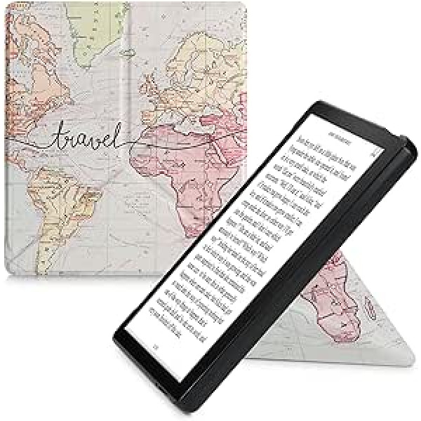 kwmobile aizsargmaciņš, kas saderīgs ar Amazon Kindle Oasis 10. paaudzi — mākslīgās ādas futrālis — eReader vāka futrālis — ceļojumu uzraksti, melni daudzkrāsaini