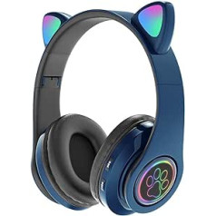 Ariycaz bērnu Bluetooth austiņas, Cat Ear Bluetooth austiņas ar LED gaismu, SD kartes slots, FM radio, 3,5 mm ligzda, bezvadu/vadu, salokāmas, mobilajam tālrunim/planšetdatoram/datoram (zils)