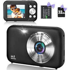 Digitālā kamera Kompakta kamera ar 32GB SD karti, HD 1080P 44MP, Kameras fotokamera, LCD uzlādējama digitālā kamera ar 16X digitālo tālummaiņu Digicam bērniem, pieaugušajiem (melns)