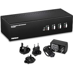 TRENDnet TK-440DP 4 portu divu displeju DisplayPort KVM slēdzis ar audio, 2 portu USB 2.0 centrmezgls, 4K UHD izšķirtspēja līdz 3840 x 2160, 4 DisplayPort monitoru pievienošana, melns