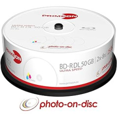 Primeon BD-R DL 50 GB/2-8x Cakebox (25 diski) Fotoattēli uz diska, tintes printera pilna izmēra drukas virsma