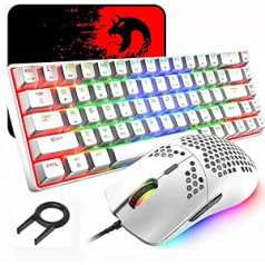 60% mehāniskā spēļu tastatūra, zils slēdzis, mini 68 taustiņi, vadu C tips, 18 fona apgaismojuma efekti + viegla optiskā RGB pele ar 6400 dpi, šūnveida pele + liels peles paliktnis — balts