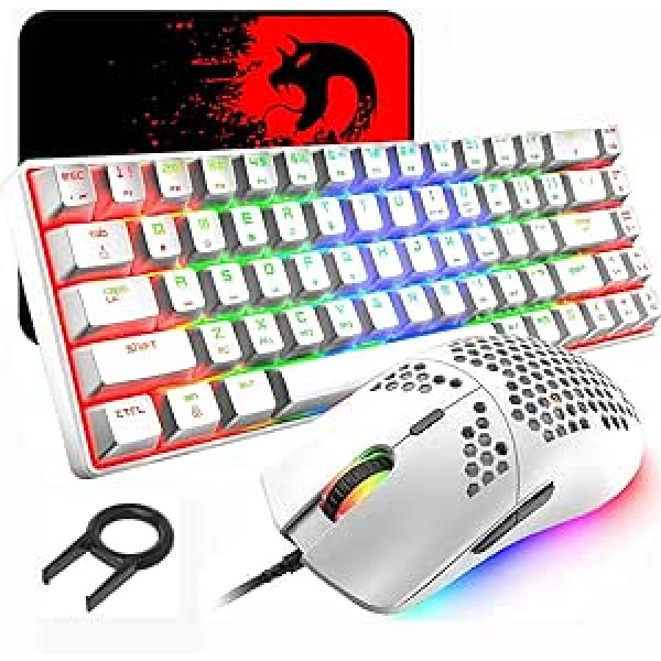 60% mehāniskā spēļu tastatūra, zils slēdzis, mini 68 taustiņi, vadu C tips, 18 fona apgaismojuma efekti + viegla optiskā RGB pele ar 6400 dpi, šūnveida pele + liels peles paliktnis — balts