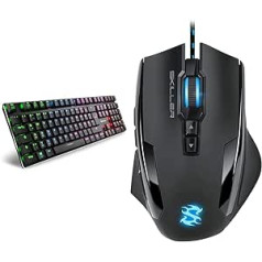 Sharkoon PureWriter RGB mehāniskā zema profila tastatūra (RGB apgaismojums, zils slēdzis) Zils slēdzis un Skiller SGM1 spēļu pele ar makro taustiņiem (10800 DPI, RGB apgaismojums, 12 taustiņi) Melns