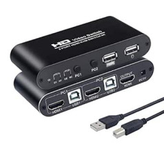 AIMOS HDMI KVM jungiklis, USB 2 prievadų Kompiuterio KVM jungiklis Klaviatūros ir pelės bendrinimo palaikymas 4K @ 30 Hz, sparčiųjų klavišų jungiklio palaikymas, su 2 USB laidais, 1 maitinimo laidu