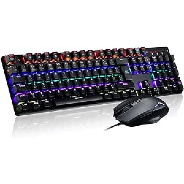 Teamwolf RGB aizmugurgaismojuma mehāniskā spēļu tastatūra 105 taustiņi un pele 4800 DPI Professional Combo (zili slēdži)