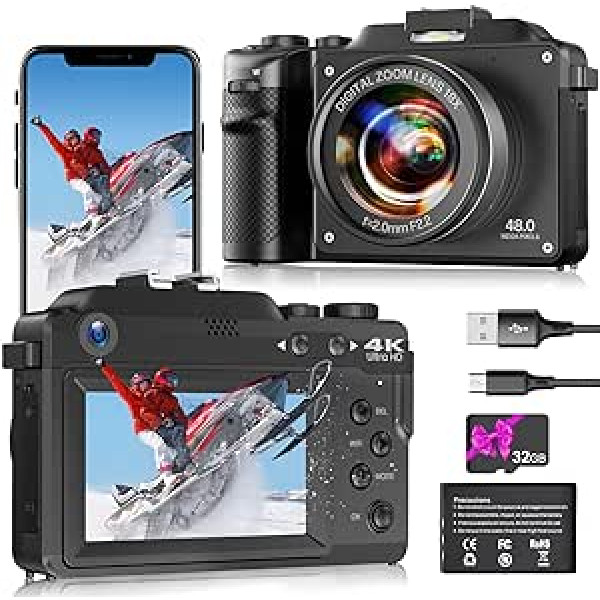 Digitai kamera 4K 48MP kontaktu digitālā kamera fotografēšanai, video emuāru veidošanas kamera ar bezmaksas 32 GB SD karti, 18X digitālā tālummaiņa, divu objektīvu pašbildes funkcija