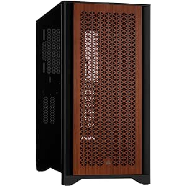 CORSAIR 4000D oro srauto vidurinio bokšto ATX dėklas su grūdintu stiklu (priekinis skydelis, didelis oro srautas, šoninis dangtis, du 120 mm ventiliatoriai), juodas ir tikmedžio spalvos